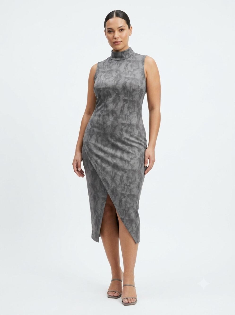 209 Wst 38 New York Midi Dress Women's 4 Gray Abstract Asymmetric Wrap Slit Hem